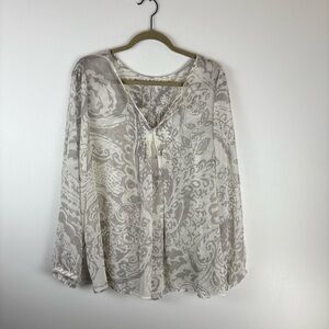 Cabi Sheer Womens Large Blouse V Neck Floral Long Sleeve Gray Top